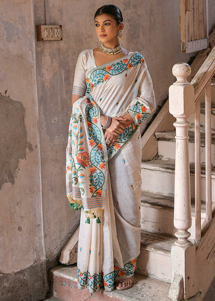 Pearl White Muga Cotton Saree with Woven Butti All Over