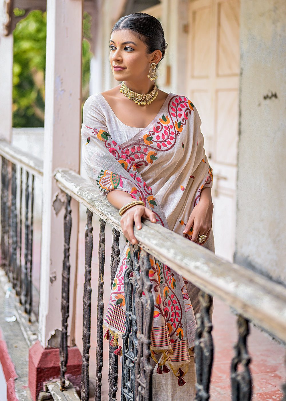 White & Pink Muga Cotton Saree with Woven Butti All Over