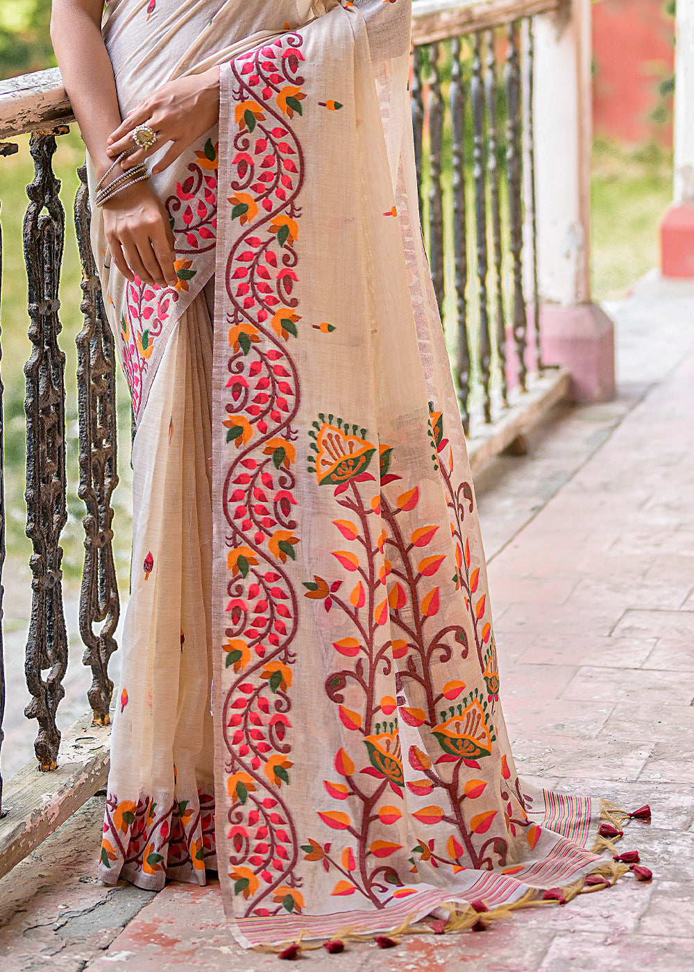 White & Pink Muga Cotton Saree with Woven Butti All Over