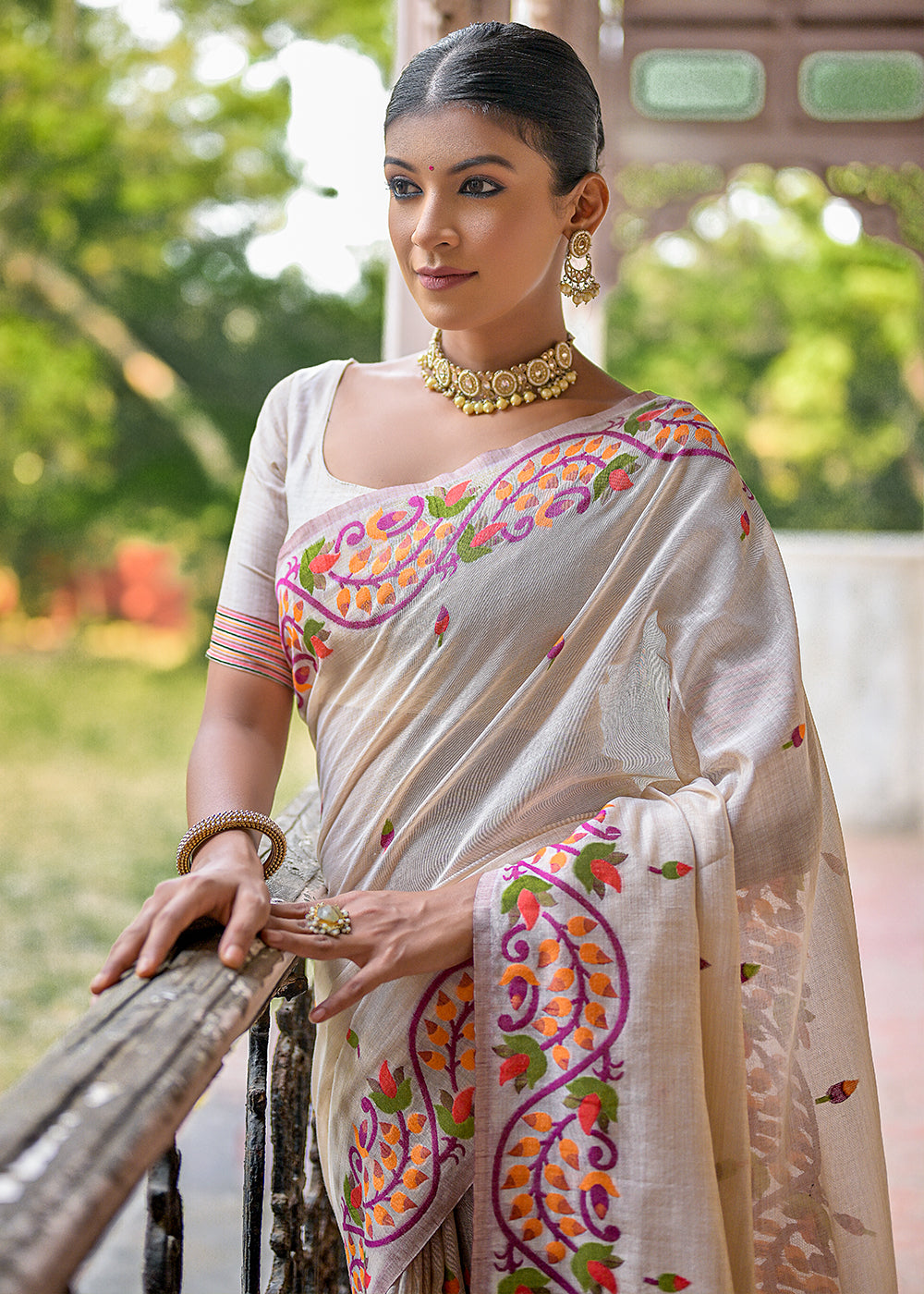 White & Purple Muga Cotton Saree with Woven Butti All Over