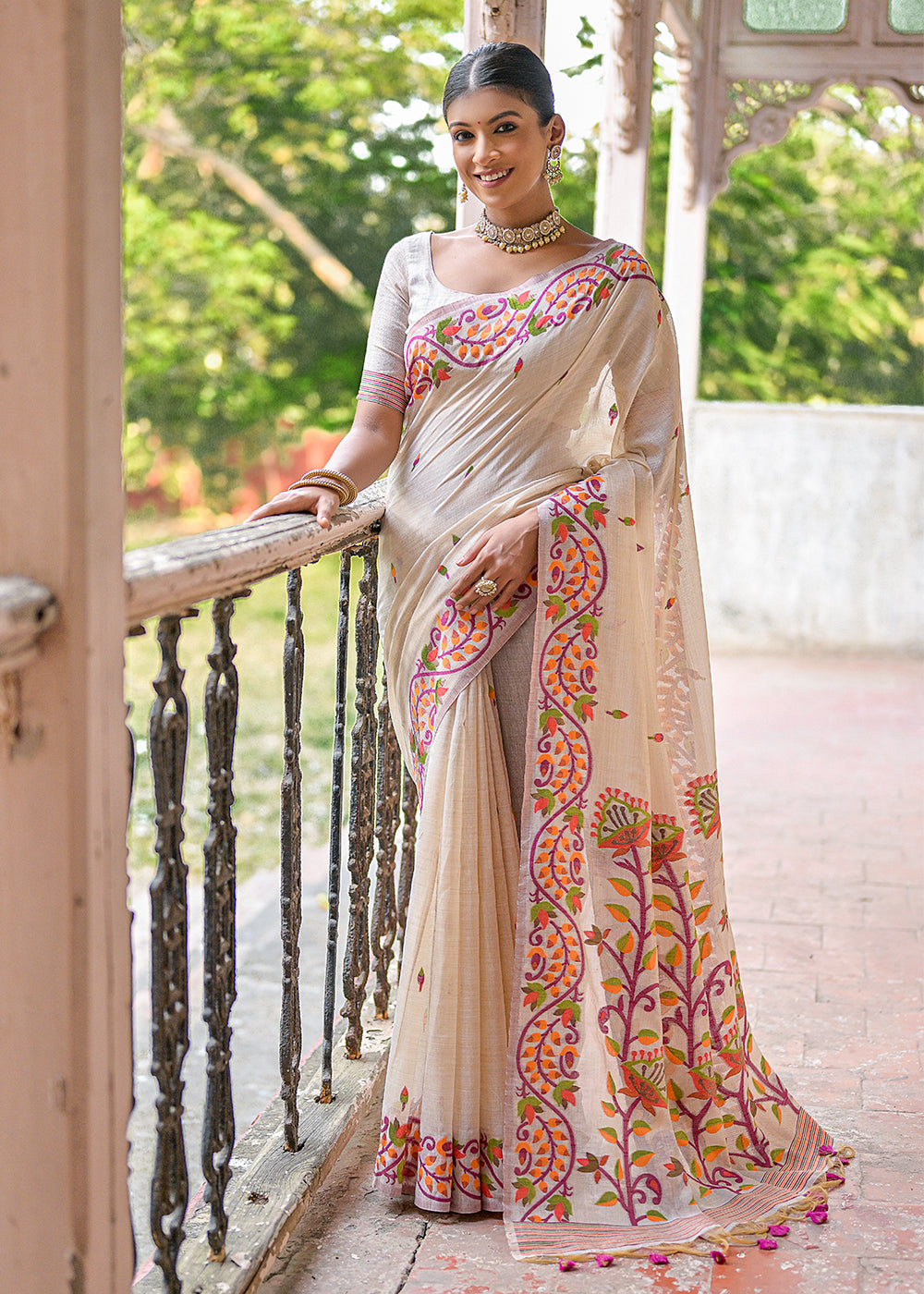 White & Purple Muga Cotton Saree with Woven Butti All Over