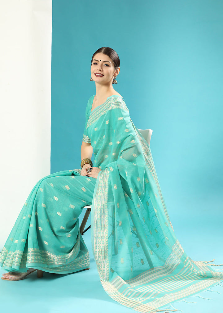 Paled Turquoise Blue Chikankari Weaving Cotton Saree