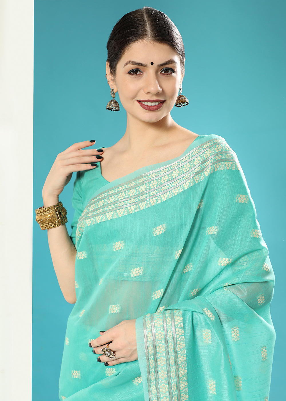 Paled Turquoise Blue Chikankari Weaving Cotton Saree