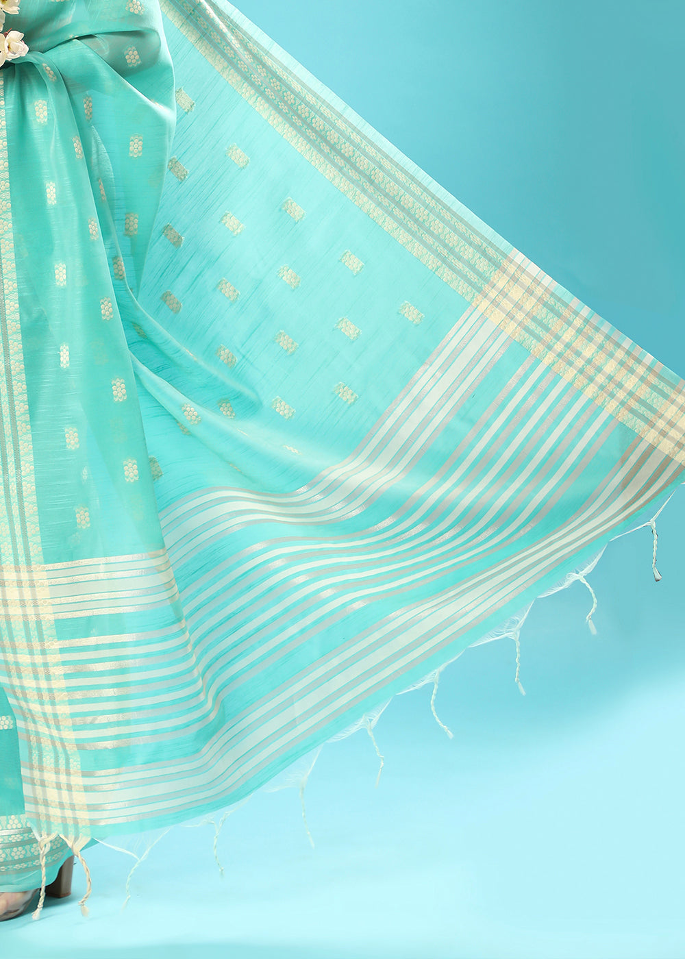 Paled Turquoise Blue Chikankari Weaving Cotton Saree