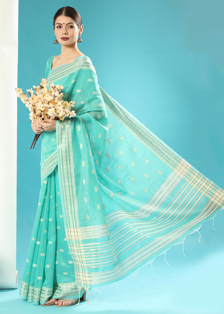 Paled Turquoise Blue Chikankari Weaving Cotton Saree