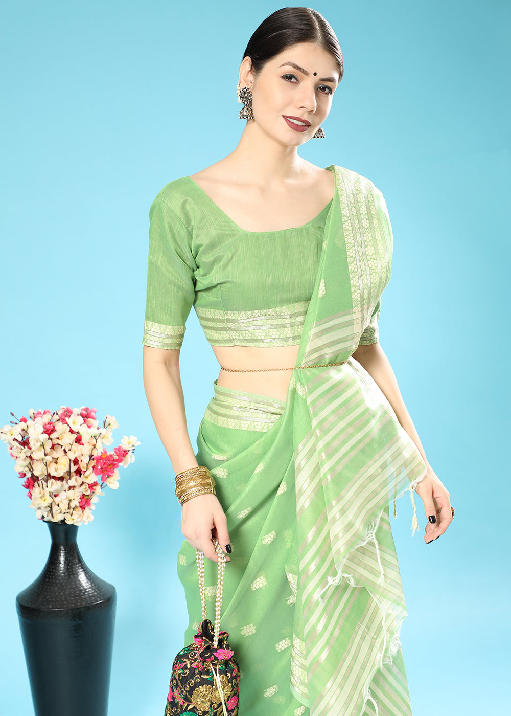 Pastel Green Chikankari Weaving Cotton Saree