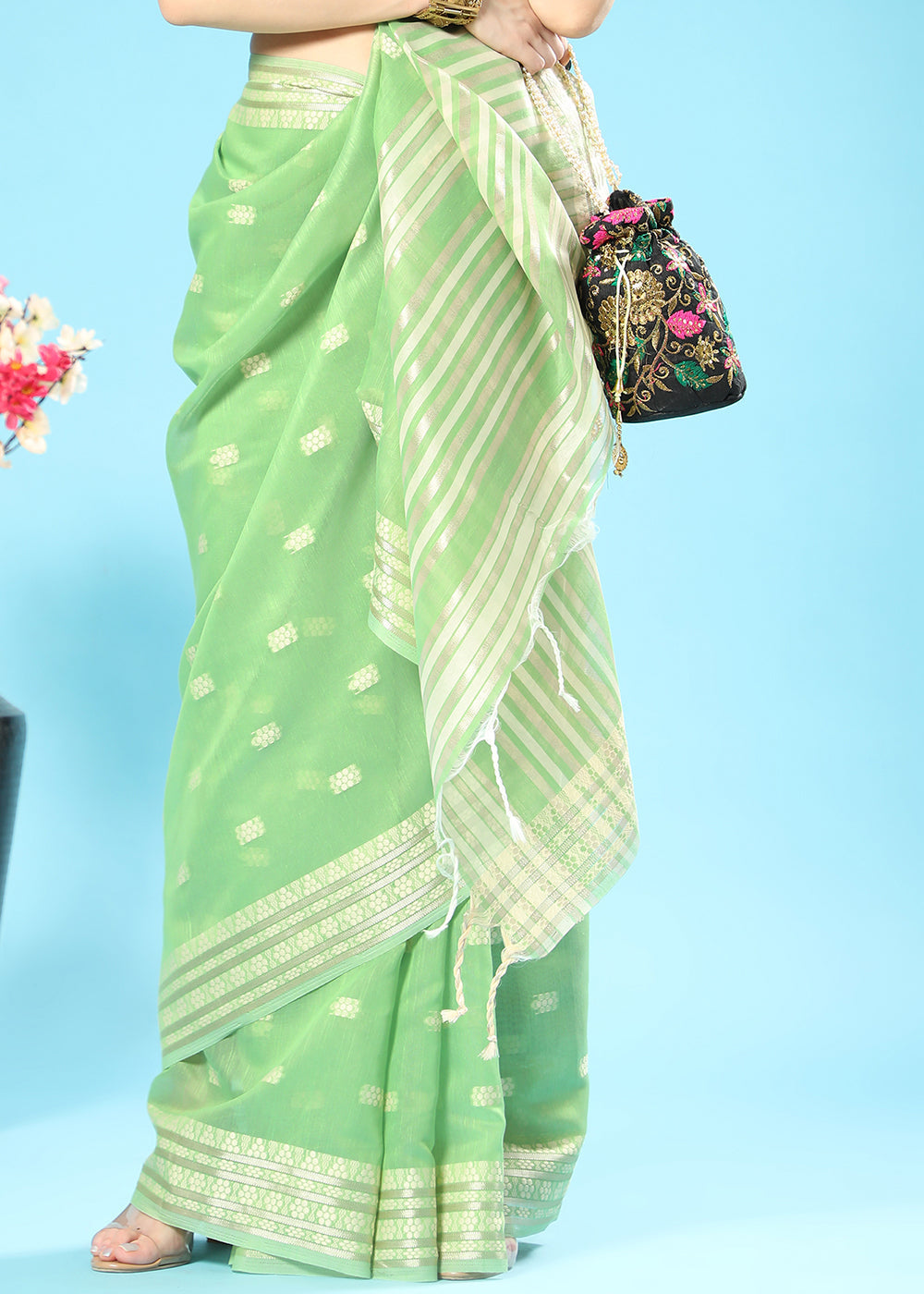 Pastel Green Chikankari Weaving Cotton Saree