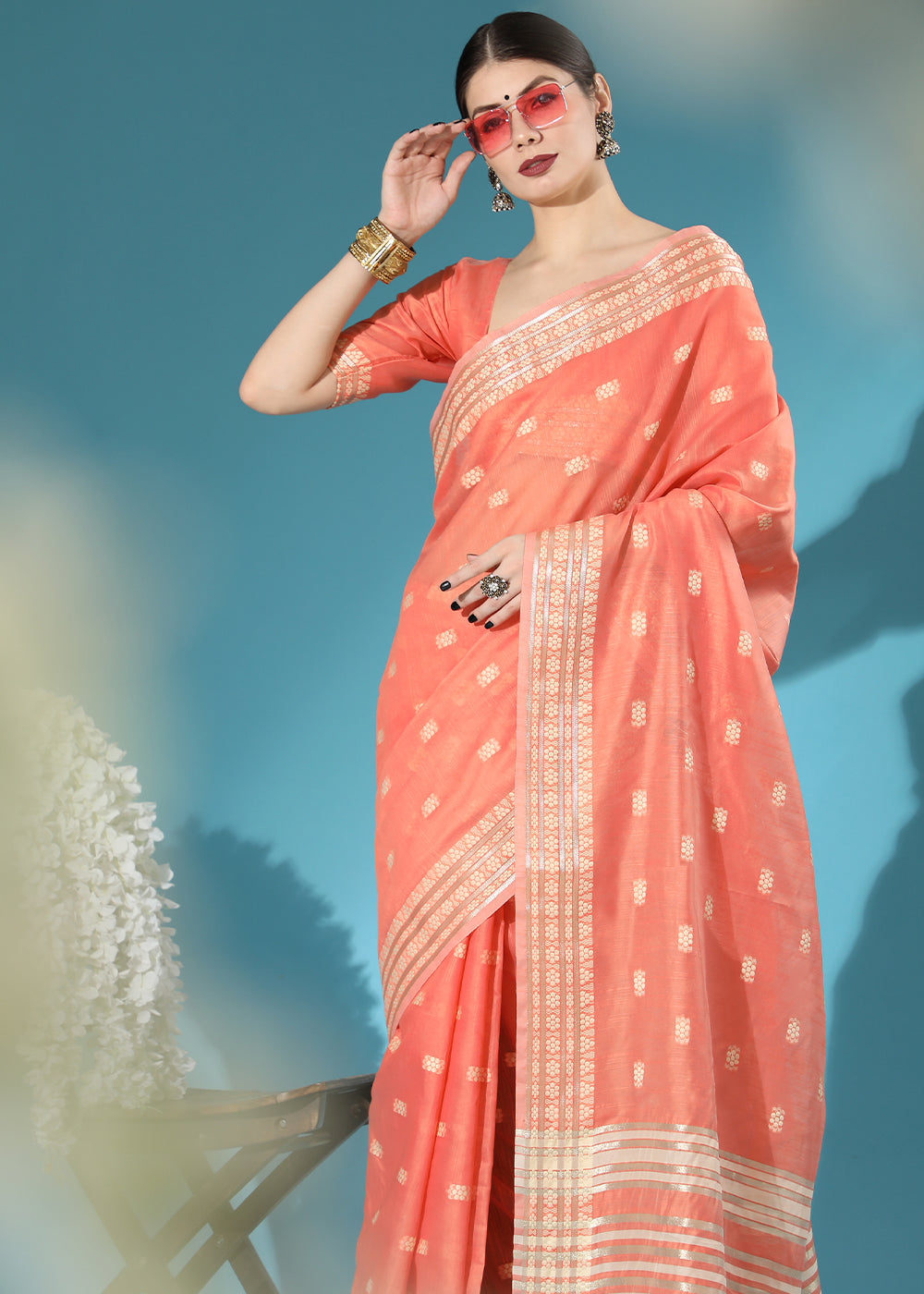 Starfish Orange Chikankari Weaving Cotton Saree