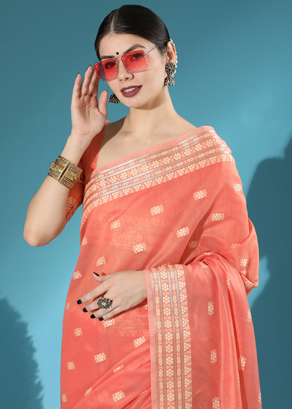 Starfish Orange Chikankari Weaving Cotton Saree