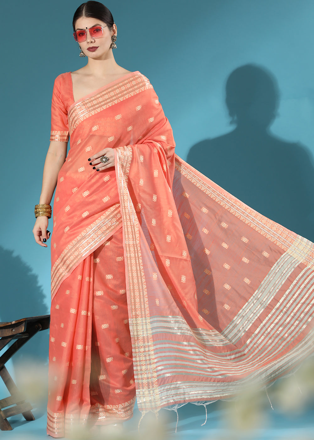 Starfish Orange Chikankari Weaving Cotton Saree