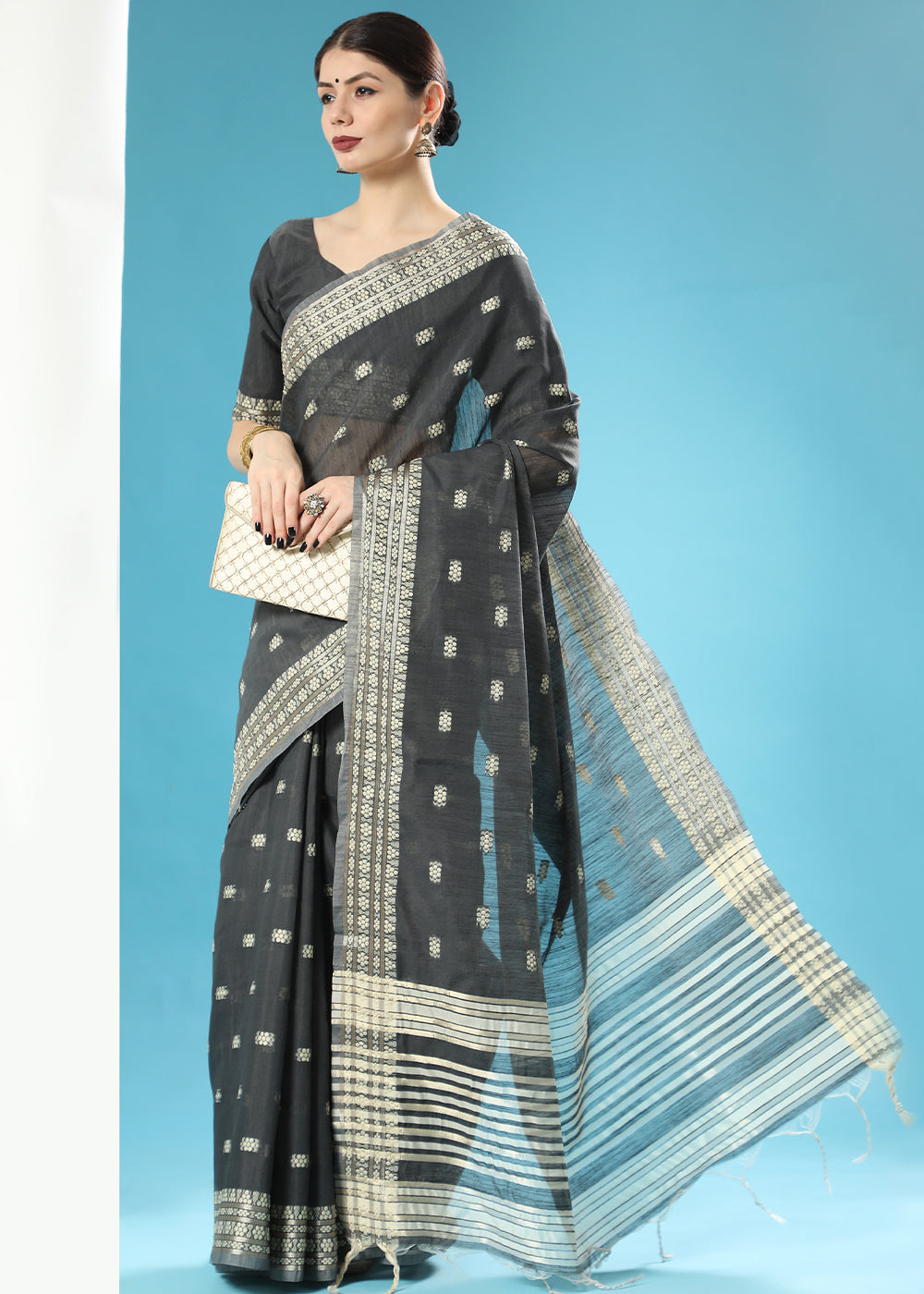 Onyx Black Chikankari Weaving Cotton Saree