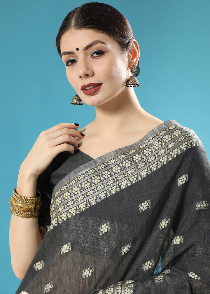 Onyx Black Chikankari Weaving Cotton Saree