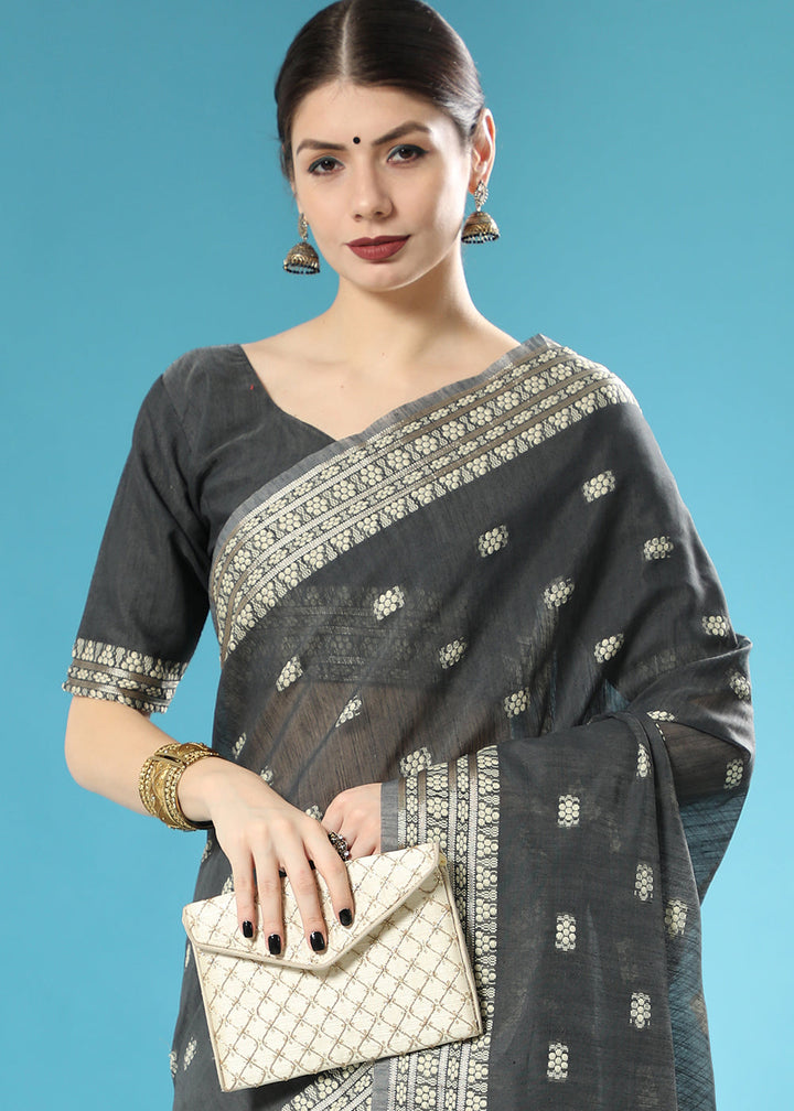 Onyx Black Chikankari Weaving Cotton Saree