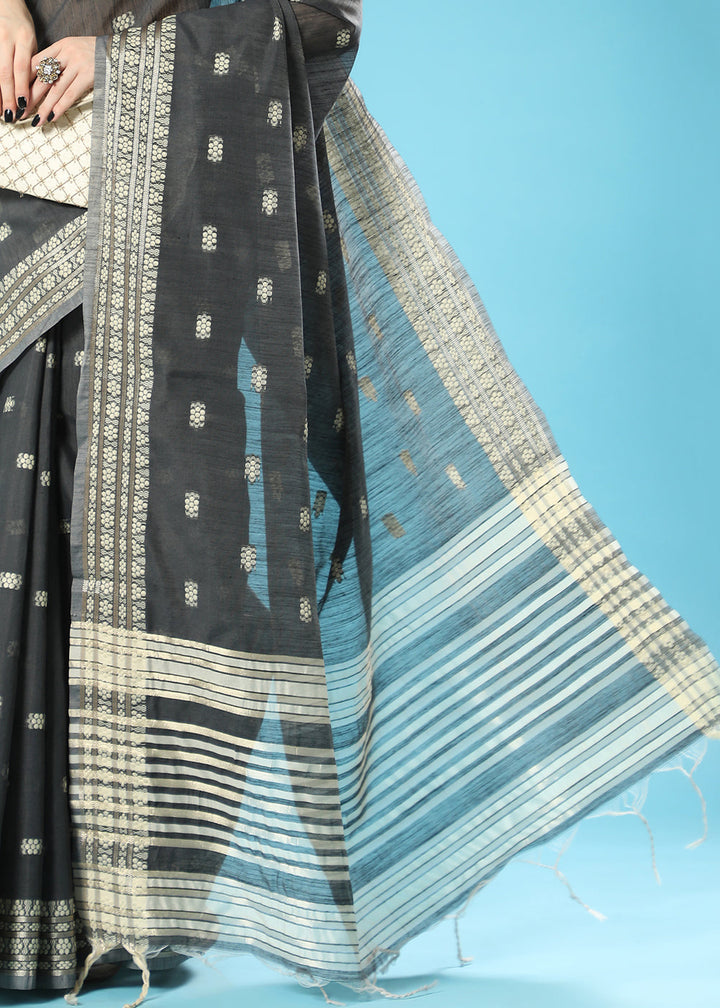 Onyx Black Chikankari Weaving Cotton Saree