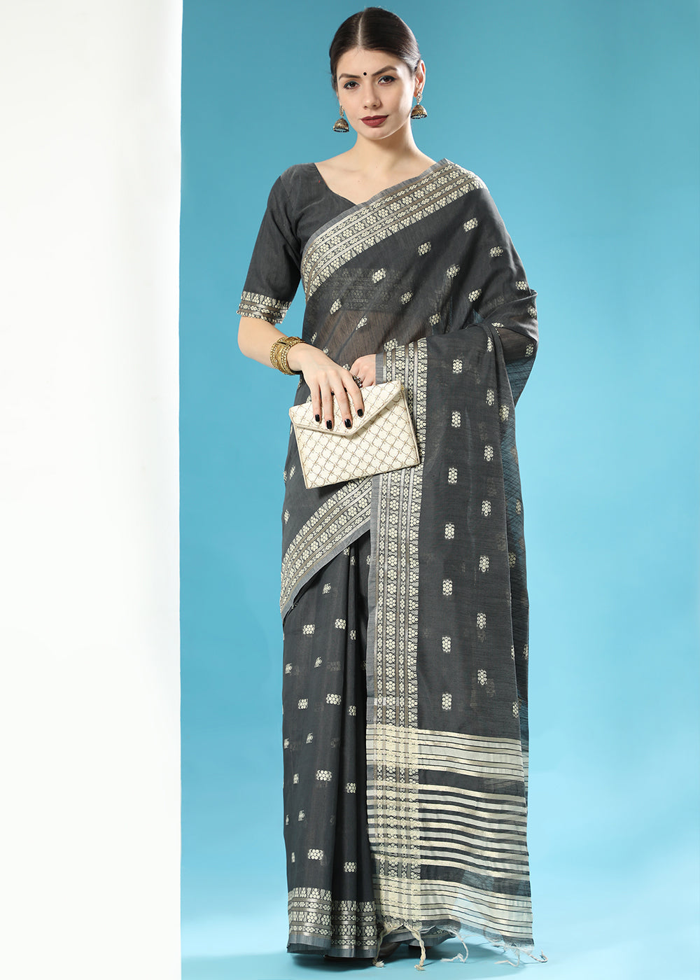 Onyx Black Chikankari Weaving Cotton Saree