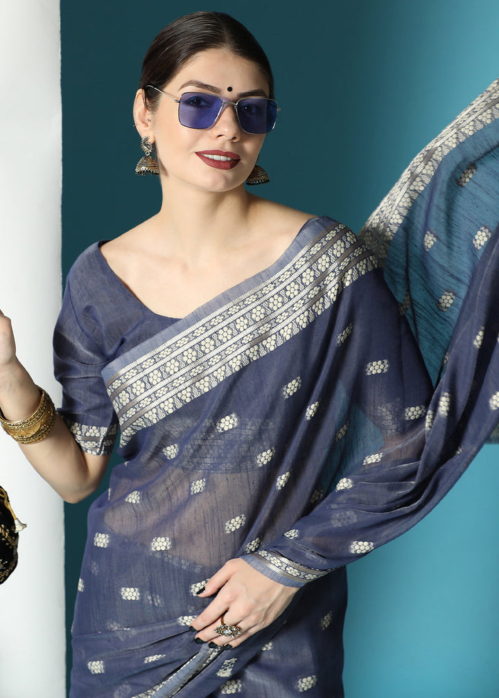 Capri Blue Chikankari Weaving Cotton Saree