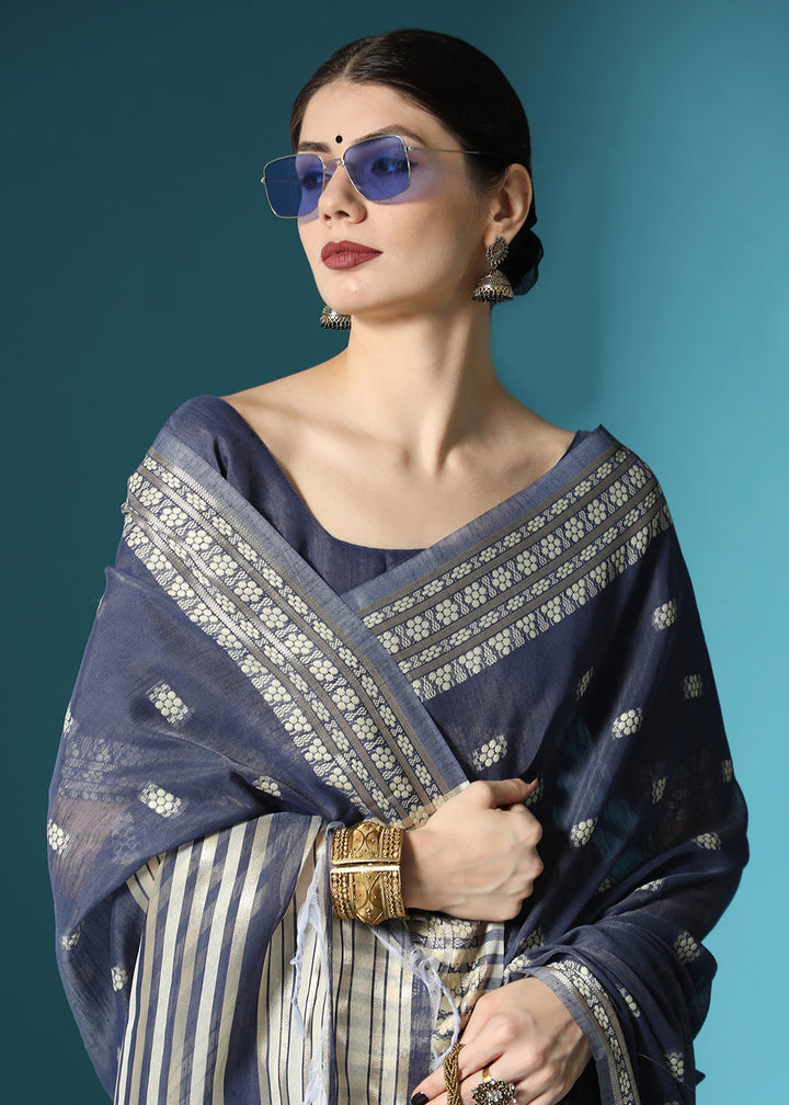 Capri Blue Chikankari Weaving Cotton Saree