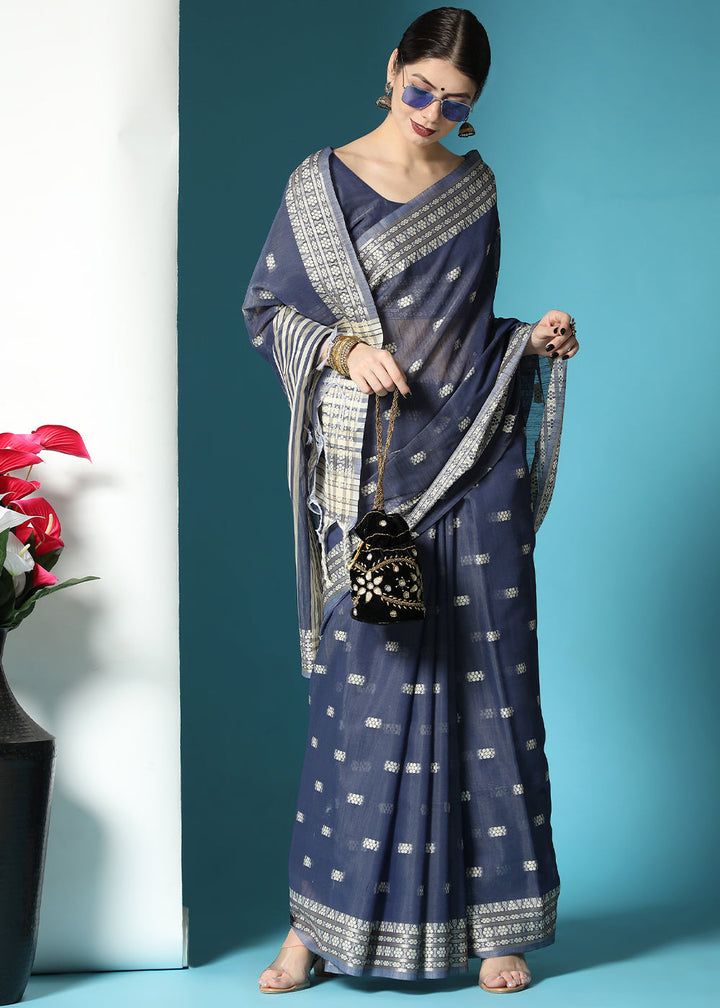 Capri Blue Chikankari Weaving Cotton Saree