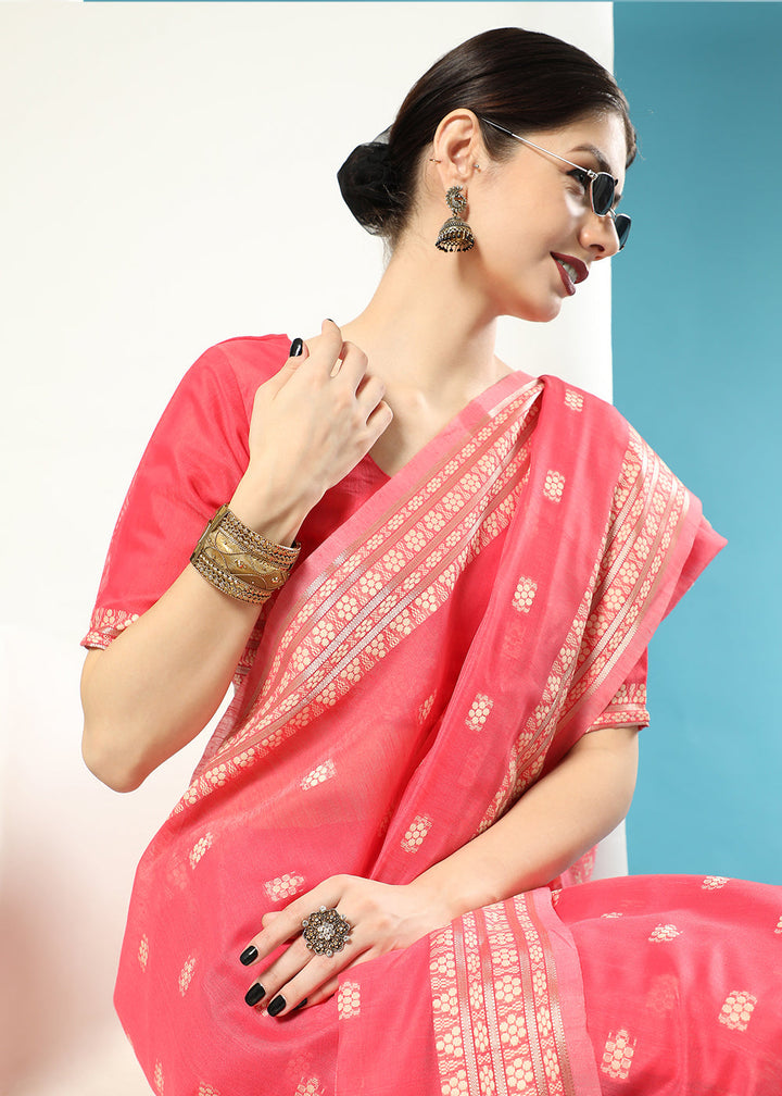 Brink Pink Chikankari Weaving Cotton Saree