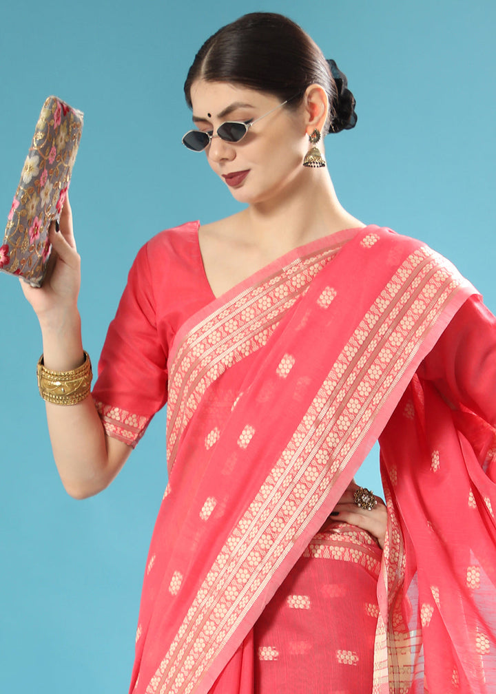 Brink Pink Chikankari Weaving Cotton Saree