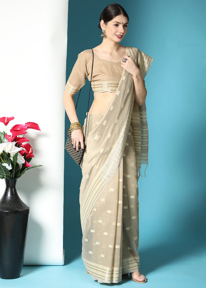 Light Brown Chikankari Weaving Cotton Saree