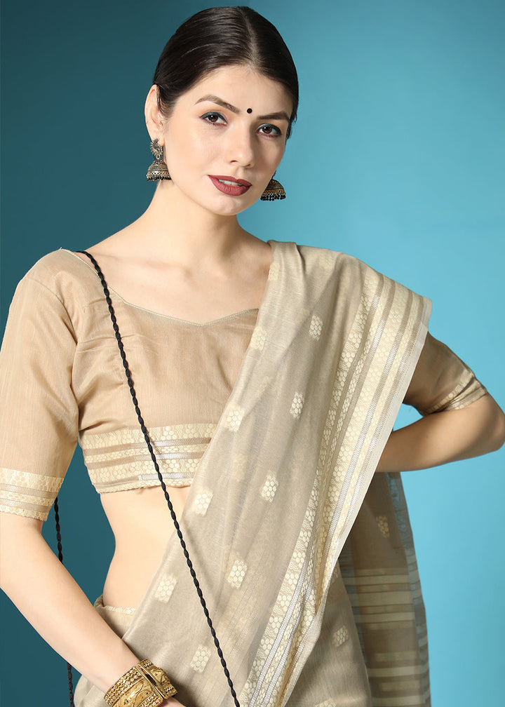 Light Brown Chikankari Weaving Cotton Saree