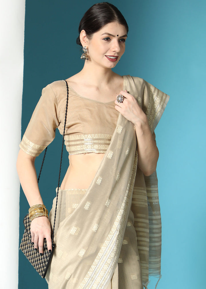 Light Brown Chikankari Weaving Cotton Saree