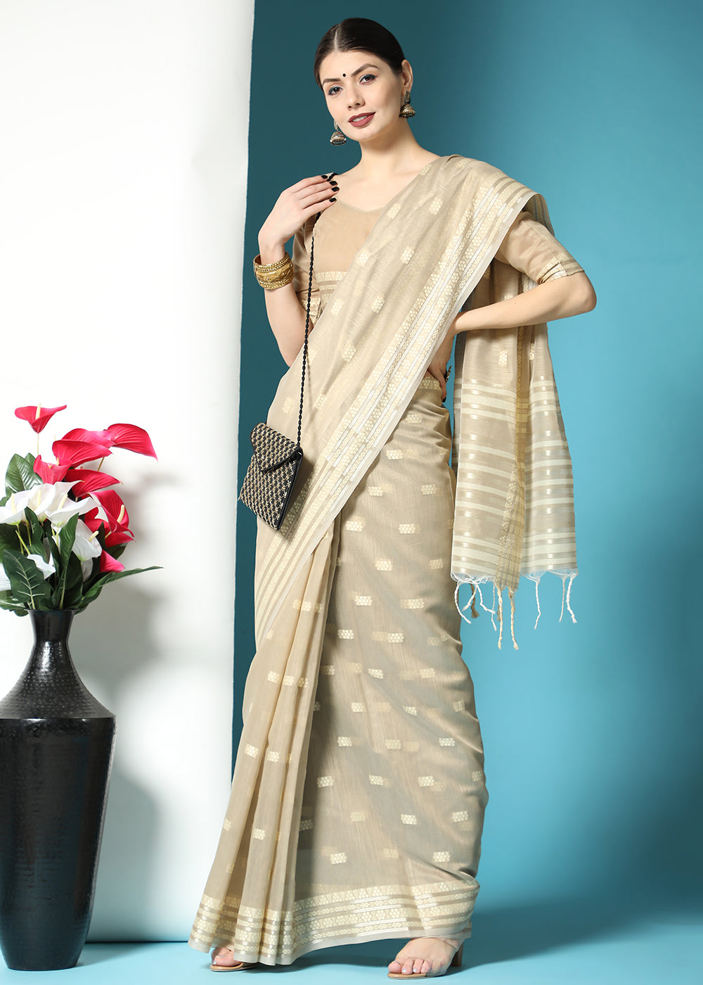 Light Brown Chikankari Weaving Cotton Saree