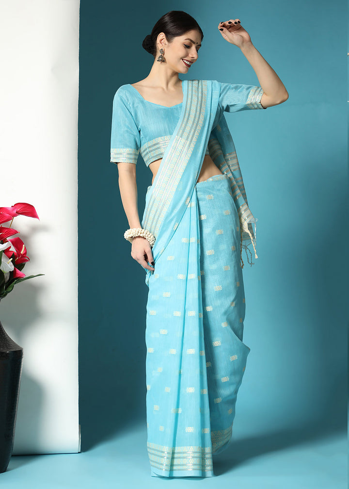 Firozi Blue Chikankari Weaving Cotton Saree