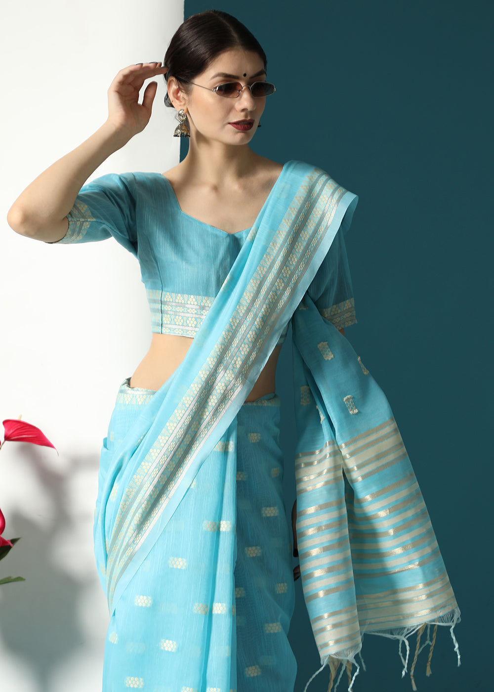 Firozi Blue Chikankari Weaving Cotton Saree