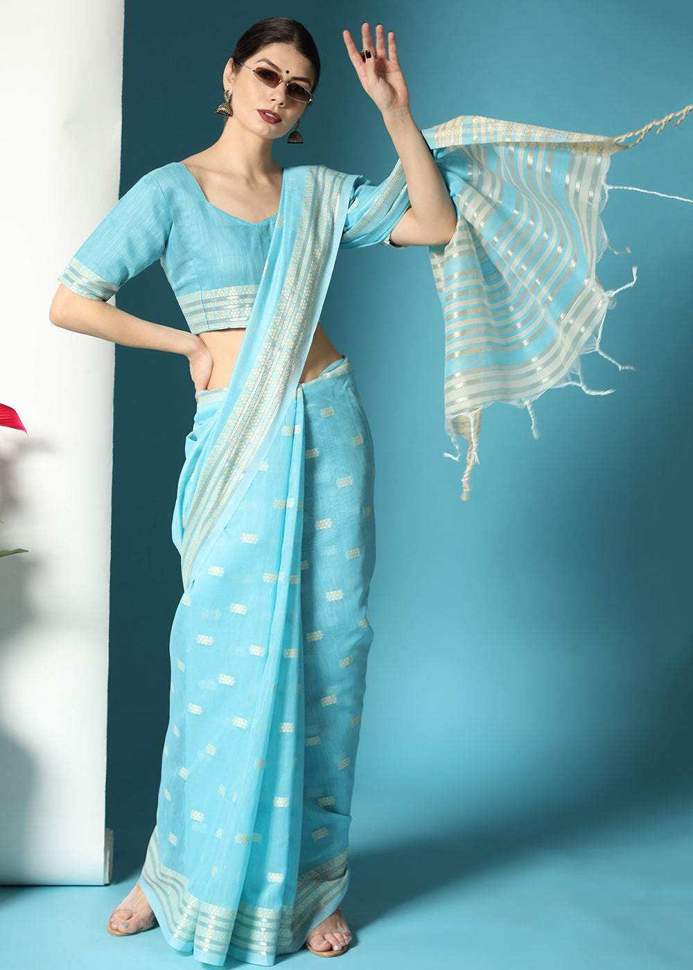 Firozi Blue Chikankari Weaving Cotton Saree