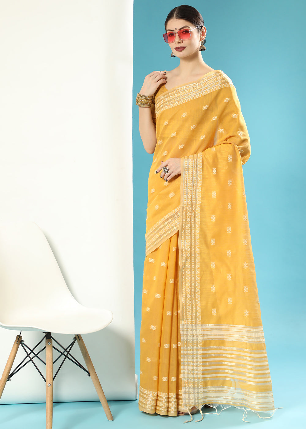 Honey Yellow Chikankari Weaving Cotton Saree