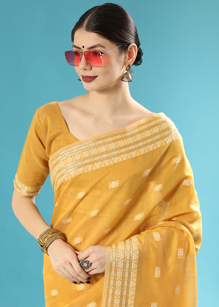 Honey Yellow Chikankari Weaving Cotton Saree