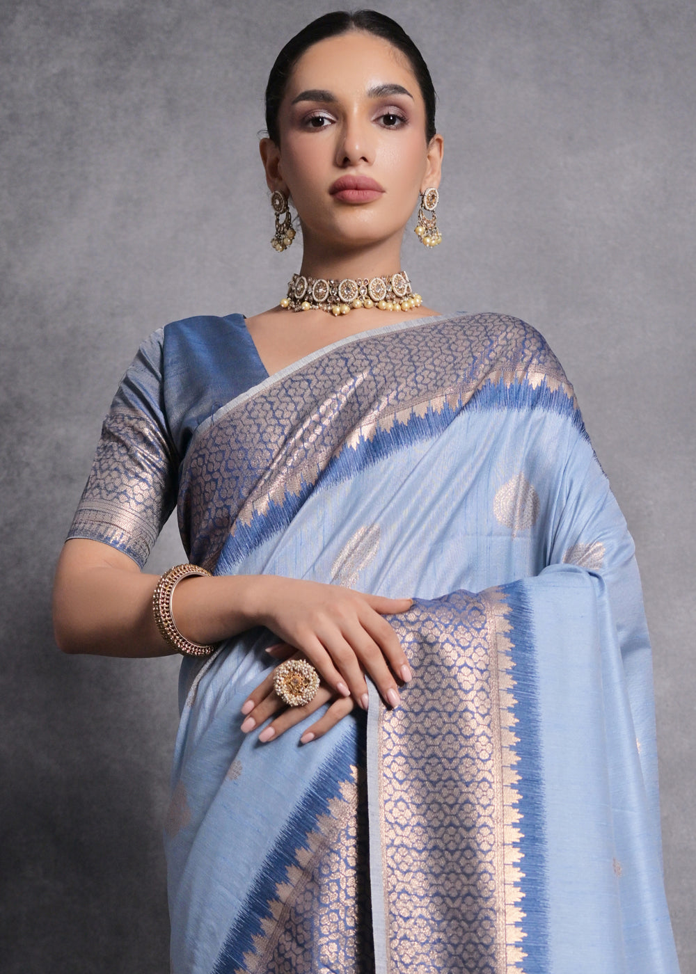 Cornflower Blue Tussar Silk Saree with Zari Woven Contrast Border