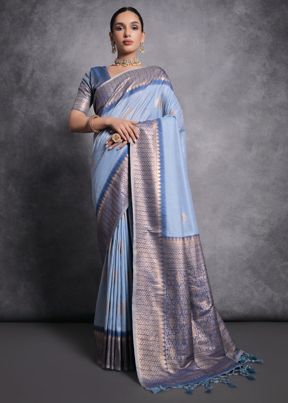 Cornflower Blue Tussar Silk Saree with Zari Woven Contrast Border