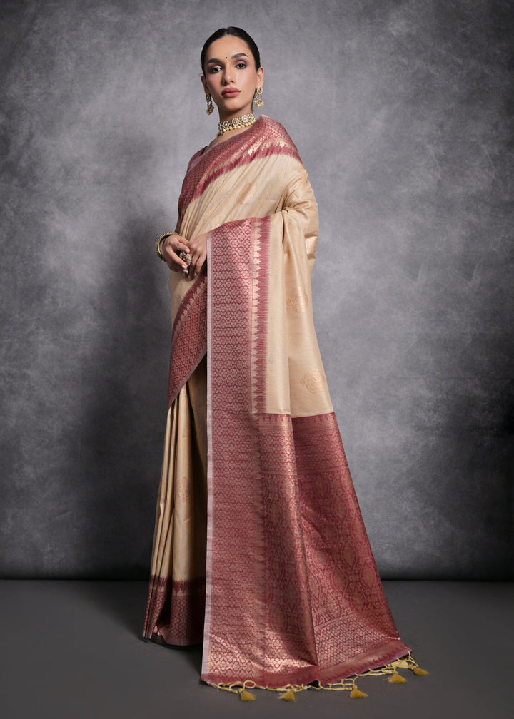 Chiku Brown Tussar Silk Saree with Zari Woven Contrast Border