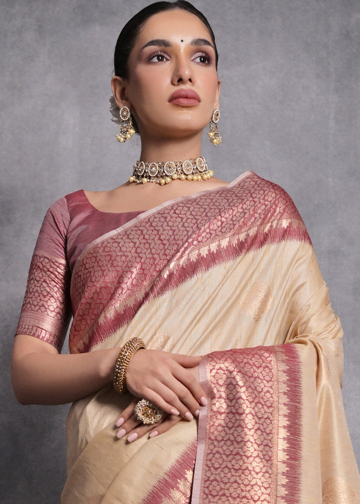 Chiku Brown Tussar Silk Saree with Zari Woven Contrast Border