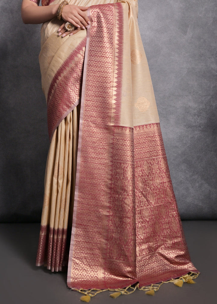 Chiku Brown Tussar Silk Saree with Zari Woven Contrast Border