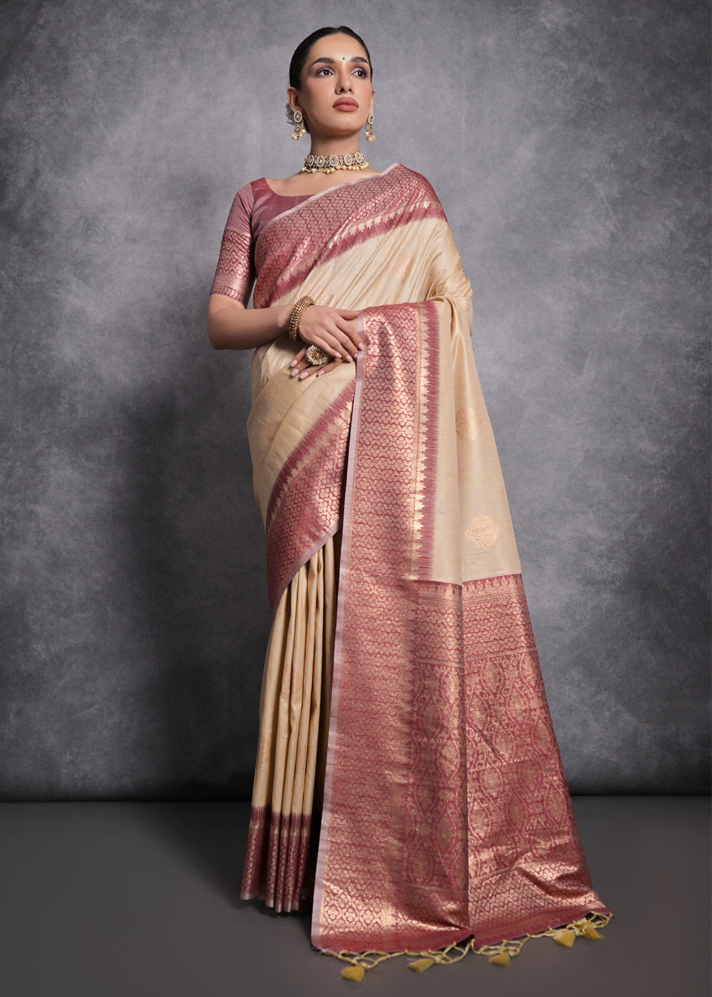 Chiku Brown Tussar Silk Saree with Zari Woven Contrast Border