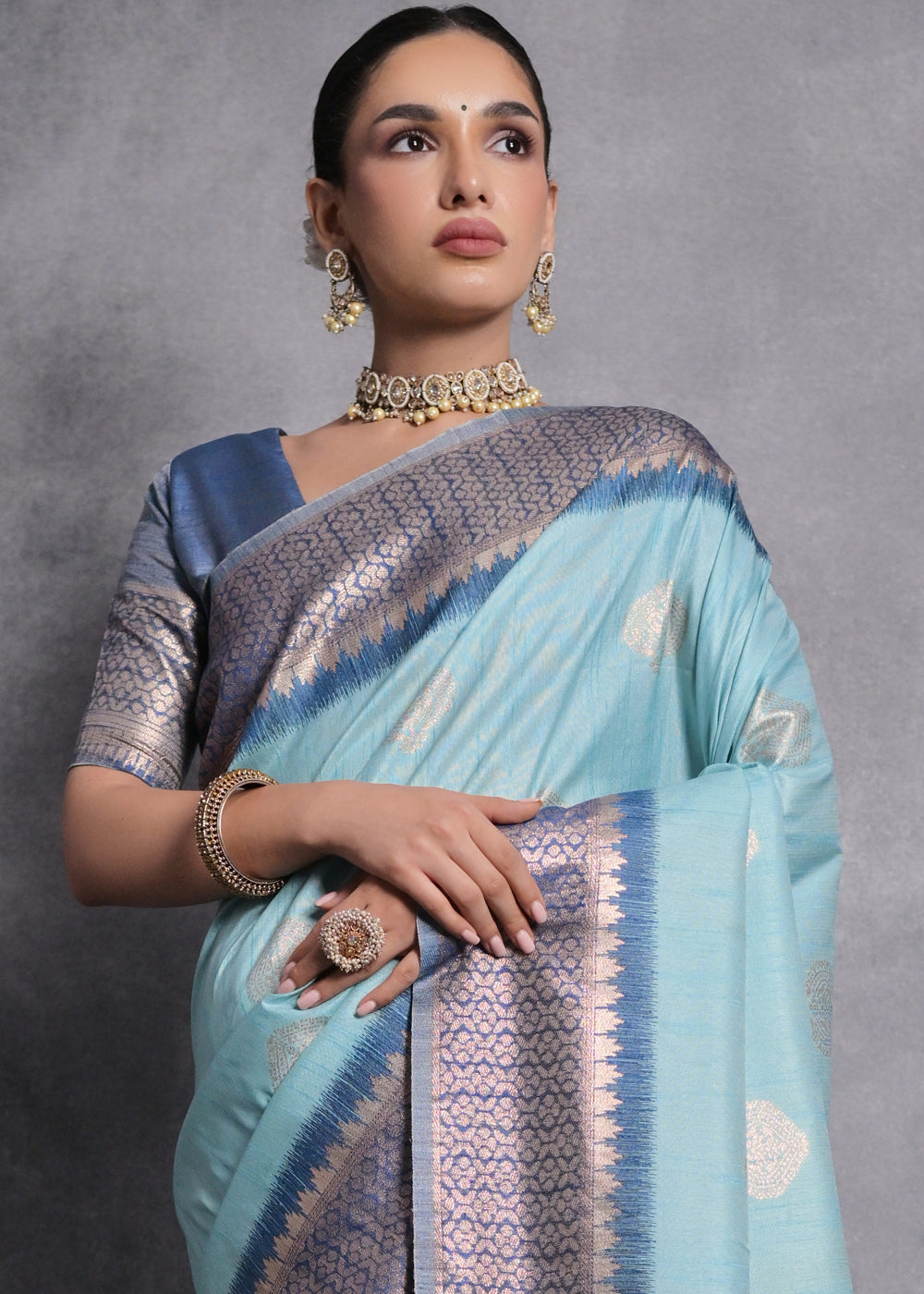 Maya Blue Tussar Silk Saree with Zari Woven Contrast Border