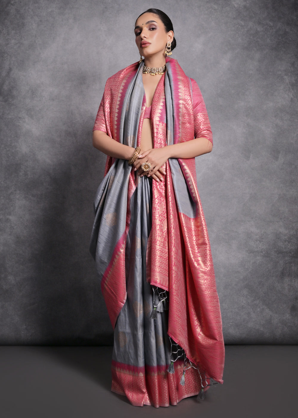 Shark Grey Tussar Silk Saree with Zari Woven Contrast Border