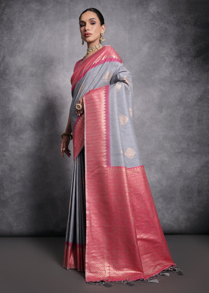 Shark Grey Tussar Silk Saree with Zari Woven Contrast Border