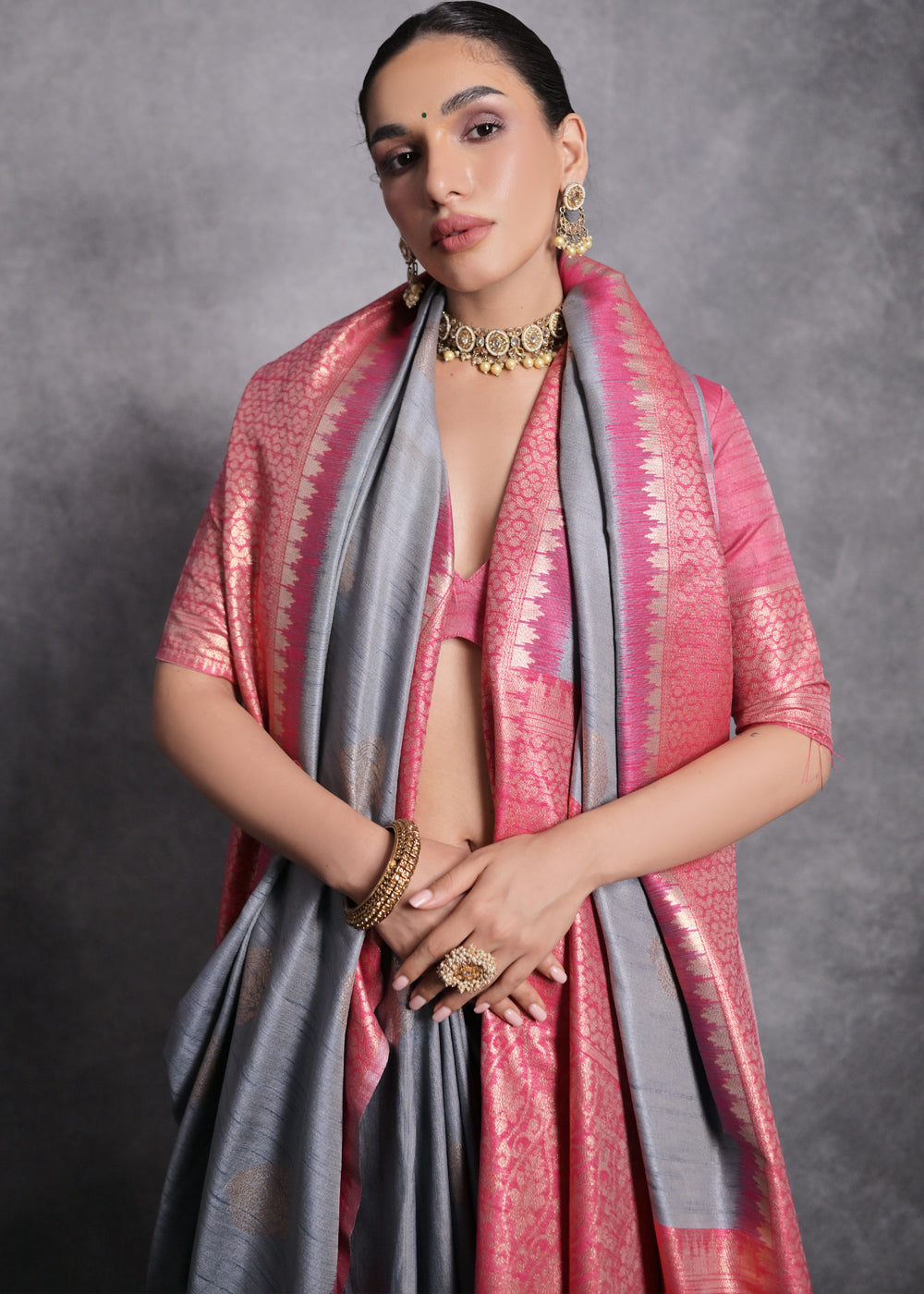 Shark Grey Tussar Silk Saree with Zari Woven Contrast Border