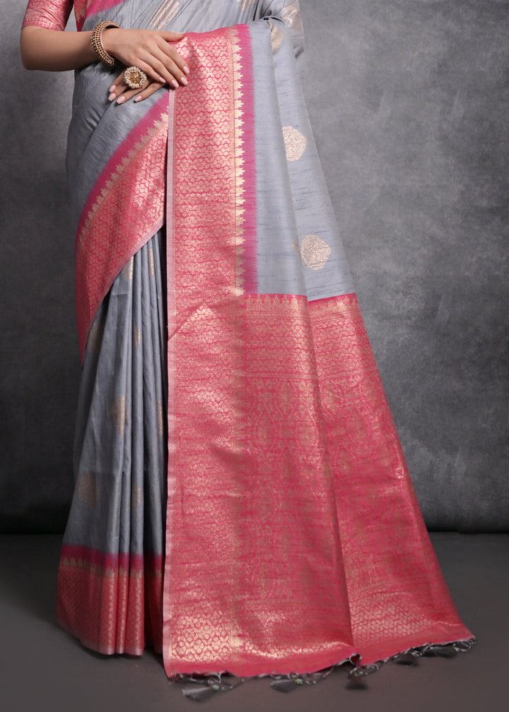 Shark Grey Tussar Silk Saree with Zari Woven Contrast Border