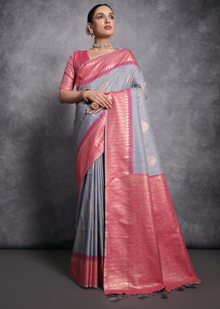 Shark Grey Tussar Silk Saree with Zari Woven Contrast Border