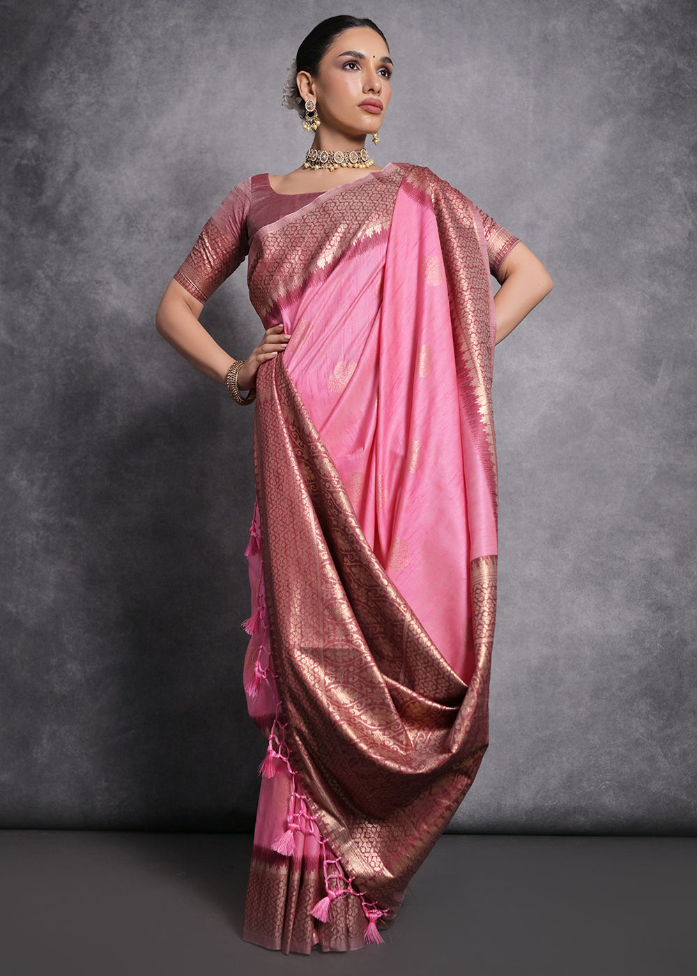 Neon Pink Tussar Silk Saree with Zari Woven Contrast Border