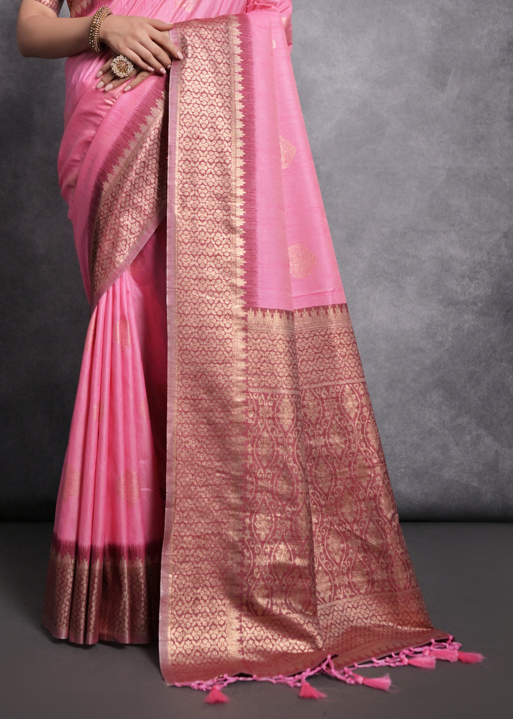 Neon Pink Tussar Silk Saree with Zari Woven Contrast Border