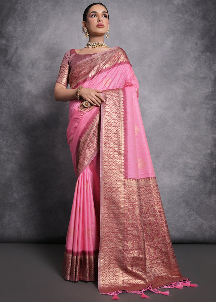 Neon Pink Tussar Silk Saree with Zari Woven Contrast Border