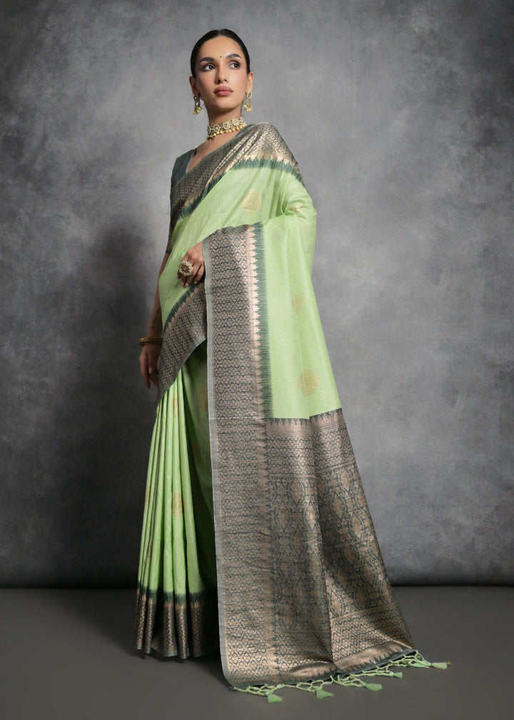 Pastel Green Tussar Silk Saree with Zari Woven Contrast Border