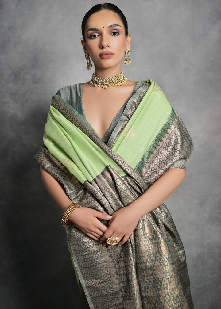 Pastel Green Tussar Silk Saree with Zari Woven Contrast Border